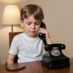 A young boy engrossed in a conversation on an old-fashioned telephone, surrounded by a soft, warm light.