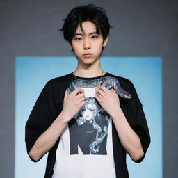 An anime-style boy adorned in black aesthetic clothing, featuring a 'Rep T.V.' print on his shirt, confidently holding an icy snake in his hands.