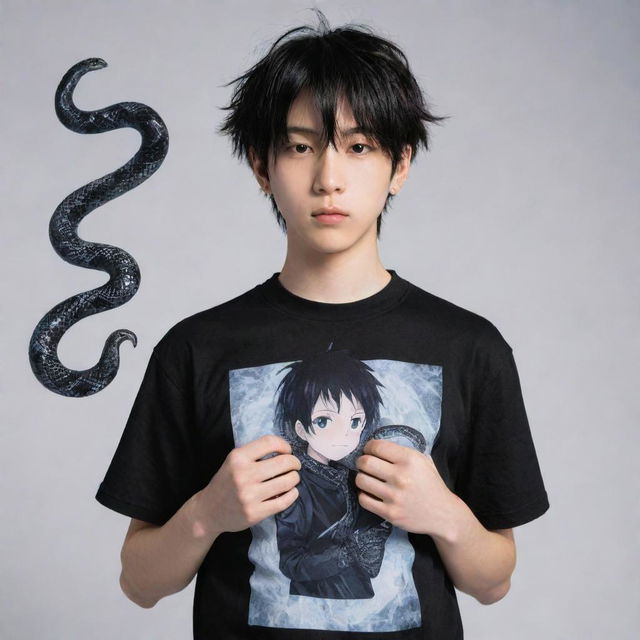 An anime-style boy adorned in black aesthetic clothing, featuring a 'Rep T.V.' print on his shirt, confidently holding an icy snake in his hands.