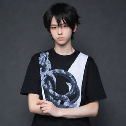 An anime-style boy adorned in black aesthetic clothing, featuring a 'Rep T.V.' print on his shirt, confidently holding an icy snake in his hands.