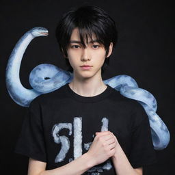 An anime-style boy adorned in black aesthetic clothing, featuring a 'Rep T.V.' print on his shirt, confidently holding an icy snake in his hands.