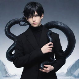 Anime-styled boy decked out in an all-black aesthetic look, bravely holding an intricate snake sculpted from ice.