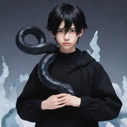 Anime-styled boy decked out in an all-black aesthetic look, bravely holding an intricate snake sculpted from ice.