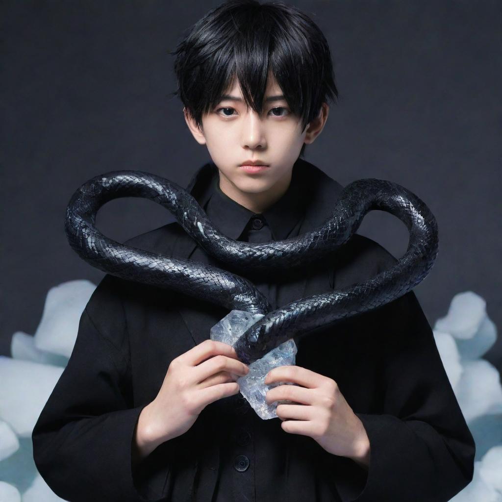 Anime-styled boy decked out in an all-black aesthetic look, bravely holding an intricate snake sculpted from ice.