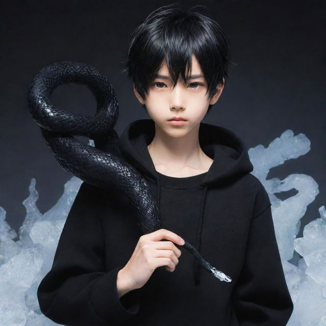 Anime-styled boy decked out in an all-black aesthetic look, bravely holding an intricate snake sculpted from ice.