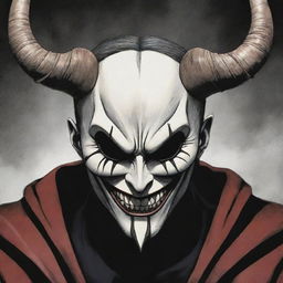 A manga-style illustration of an anime villain wearing a horrific mask with two horns, one of which is destroyed