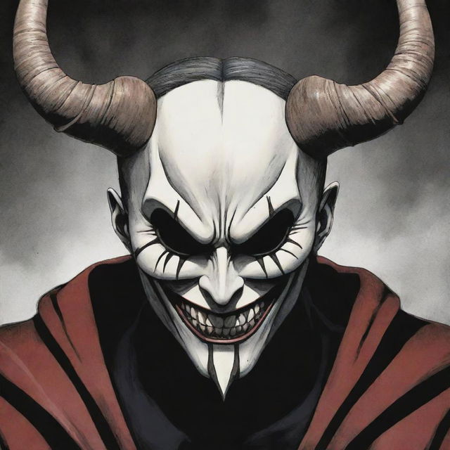 A manga-style illustration of an anime villain wearing a horrific mask with two horns, one of which is destroyed