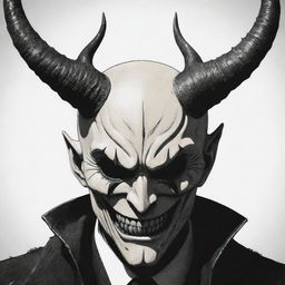 A manga-style illustration of an anime villain wearing a horrific mask with two horns, one of which is destroyed