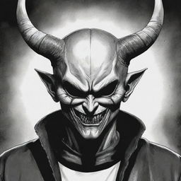 A manga-style illustration of an anime villain wearing a horrific mask with two horns, one of which is destroyed