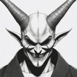 A manga-style illustration of an anime villain wearing a horrific mask with two horns, one of which is destroyed