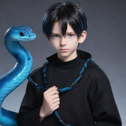 Anime-style boy with piercing blue eyes, dressed in moody black aesthetic attire, confidently holds a vibrantly ice-blue snake.