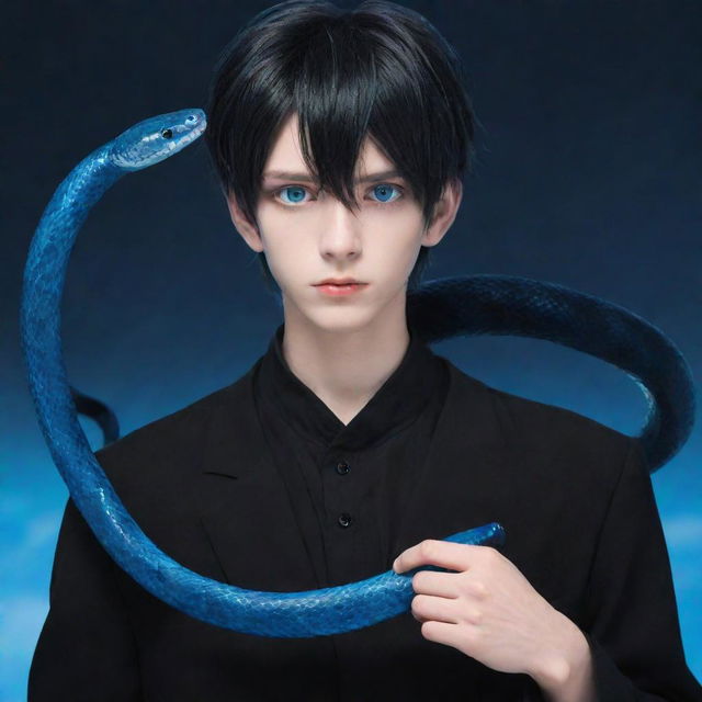 Anime-style boy with piercing blue eyes, dressed in moody black aesthetic attire, confidently holds a vibrantly ice-blue snake.