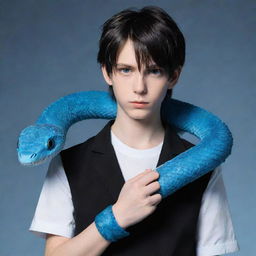 Anime-style boy with piercing blue eyes, dressed in moody black aesthetic attire, confidently holds a vibrantly ice-blue snake.