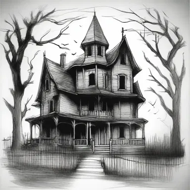 The illustrator sketched a rough drawing of the haunted house to set the eerie tone for the horror story.