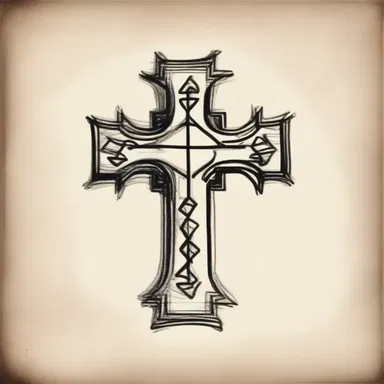 The monk made a rough drawing of a cross as a preliminary design for the religious artwork.