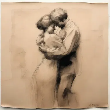 The painter created a rough drawing of a couple embracing, capturing the essence of a romantic scene.