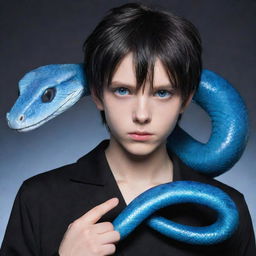 Anime-style boy with piercing blue eyes, dressed in moody black aesthetic attire, confidently holds a vibrantly ice-blue snake.