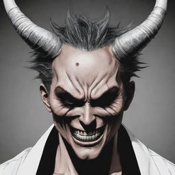 A manga-style illustration of an intense anime villain with one eye, wearing a horrific face mask and two horns, one of which is destroyed