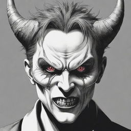 A manga-style illustration of an intense anime villain with one eye, wearing a horrific face mask and two horns, one of which is destroyed