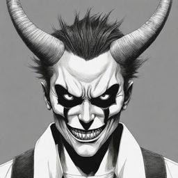 A manga-style illustration of an intense anime villain with one eye, wearing a horrific face mask and two horns, one of which is destroyed