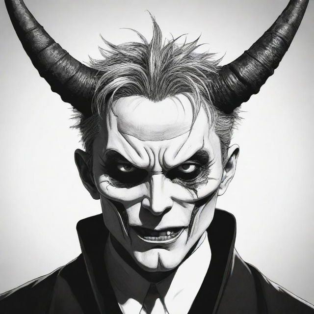 A manga-style illustration of an intense anime villain with one eye, wearing a horrific face mask and two horns, one of which is destroyed