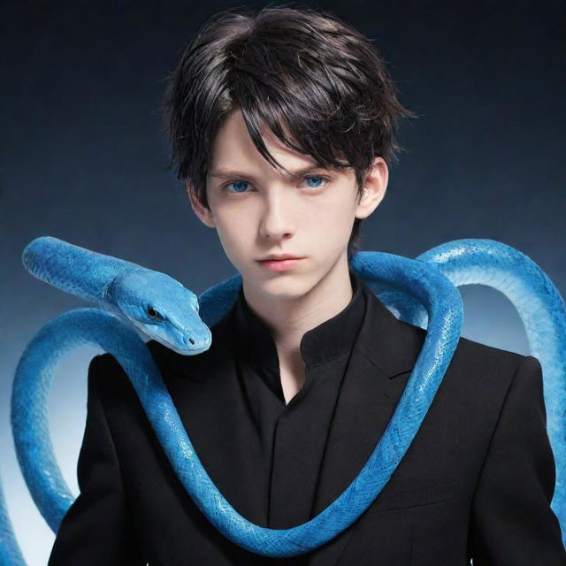 Anime-style boy with electrifying blue eyes, dressed in a black aesthetic attire, an ice-blue snake elegantly coiled around his neck.