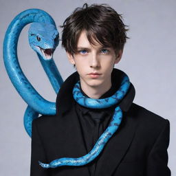 Anime-style boy with electrifying blue eyes, dressed in a black aesthetic attire, an ice-blue snake elegantly coiled around his neck.