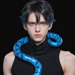 Anime-style boy with electrifying blue eyes, dressed in a black aesthetic attire, an ice-blue snake elegantly coiled around his neck.