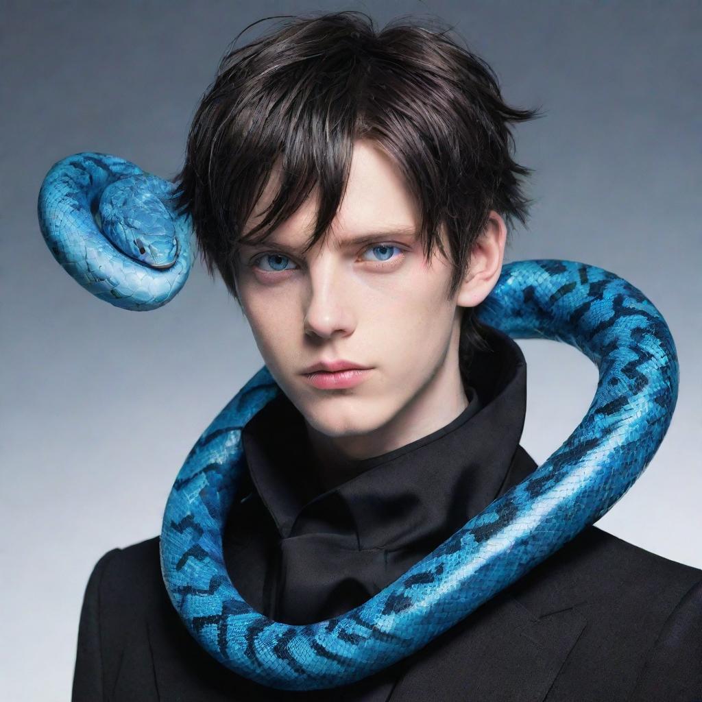 Anime-style boy with electrifying blue eyes, dressed in a black aesthetic attire, an ice-blue snake elegantly coiled around his neck.