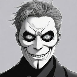 A Manga-style illustration of a sinister anime villain with one eye, wearing a chilling face mask 