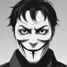 A Manga-style illustration of a sinister anime villain with one eye, wearing a chilling face mask 