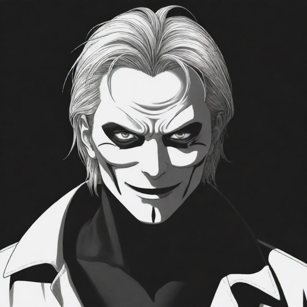 A Manga-style illustration of a sinister anime villain with one eye, wearing a chilling face mask 