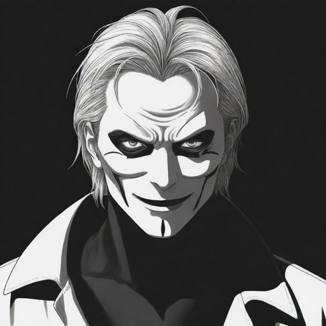 A Manga-style illustration of a sinister anime villain with one eye, wearing a chilling face mask 