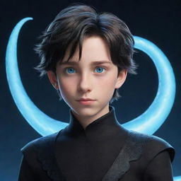 Disney-style animated boy with striking blue eyes, kitted out in black aesthetic clothing, an ice-blue serpent gracefully encircling his neck.