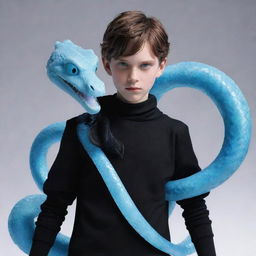 Disney-style animated boy with striking blue eyes, kitted out in black aesthetic clothing, an ice-blue serpent gracefully encircling his neck.