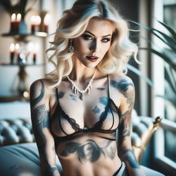 A high-quality photograph of a captivating blonde woman with vampire fangs, dressed in white transparent lingerie