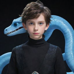 Disney-style animated boy with striking blue eyes, kitted out in black aesthetic clothing, an ice-blue serpent gracefully encircling his neck.