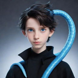 Disney-style animated boy with striking blue eyes, kitted out in black aesthetic clothing, an ice-blue serpent gracefully encircling his neck.