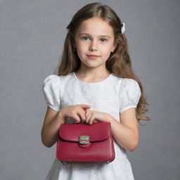 A young girl elegantly holding a fashionable purse