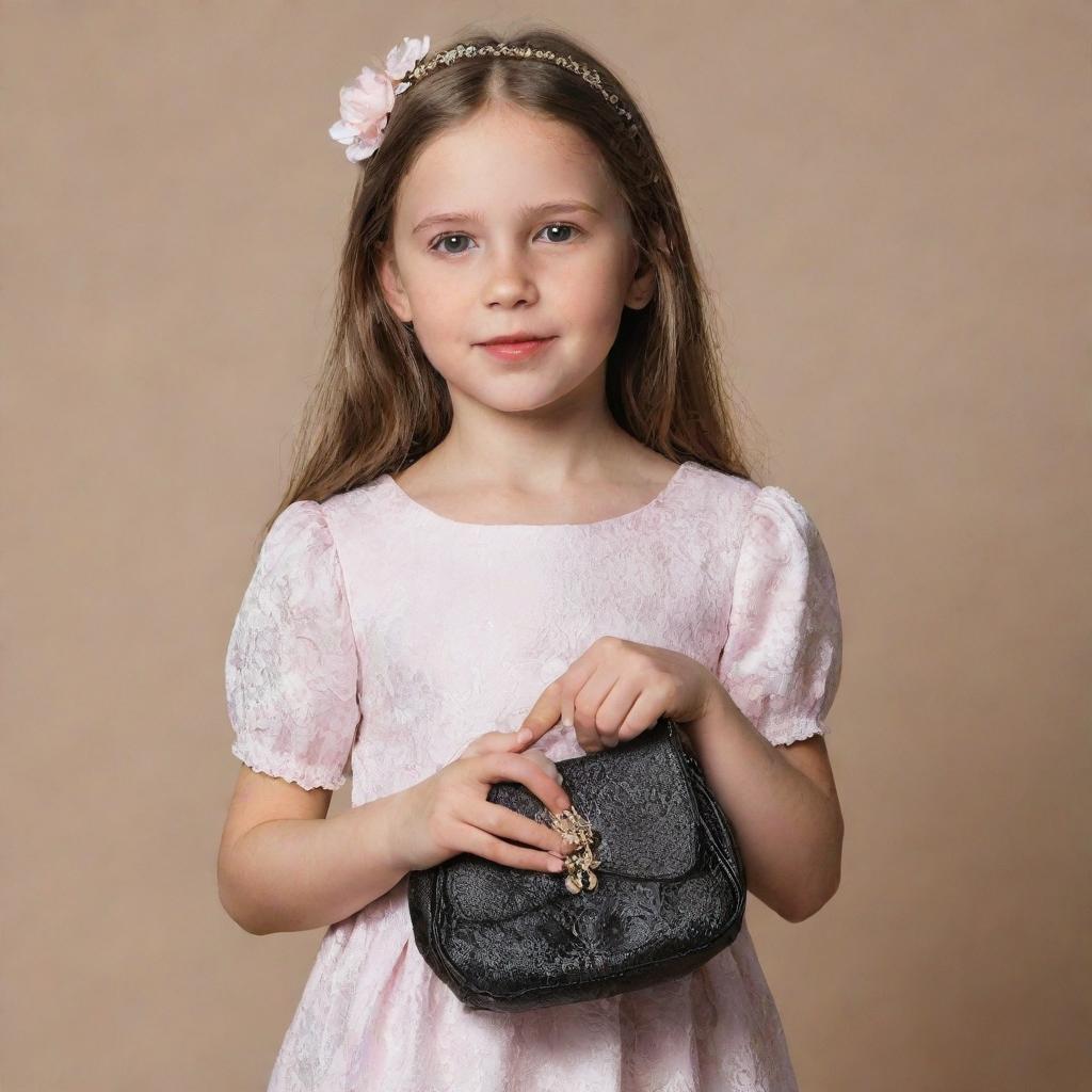 A young girl elegantly holding a fashionable purse