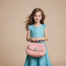 A young girl elegantly holding a fashionable purse