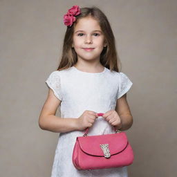 A young girl elegantly holding a fashionable purse