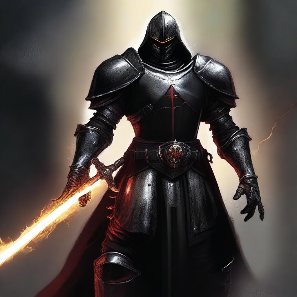 This is a high-quality digital art piece depicting a knight Templar mage in black power armor