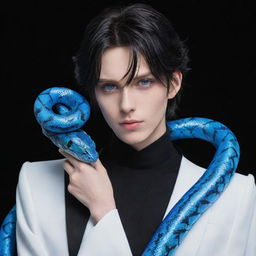 Anime character with vibrant blue eyes, clothed in black aesthetic attire, with an ice-blue snake elegantly draped around the neck.