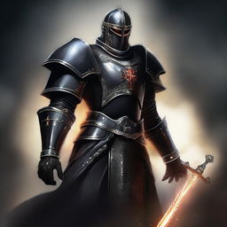 This is a high-quality digital art piece depicting a knight Templar mage in black power armor