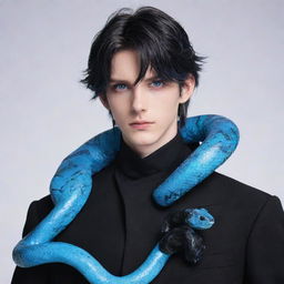 Anime character with vibrant blue eyes, clothed in black aesthetic attire, with an ice-blue snake elegantly draped around the neck.