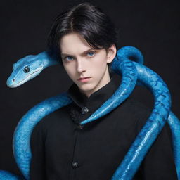 Anime character with vibrant blue eyes, clothed in black aesthetic attire, with an ice-blue snake elegantly draped around the neck.