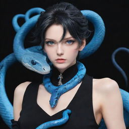 Anime character with vibrant blue eyes, clothed in black aesthetic attire, with an ice-blue snake elegantly draped around the neck.