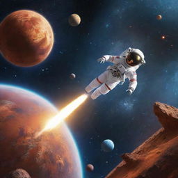 Advanced rockets soaring past vibrant planets as astronauts explore the mystery of outer space in an engaging space-themed setting.