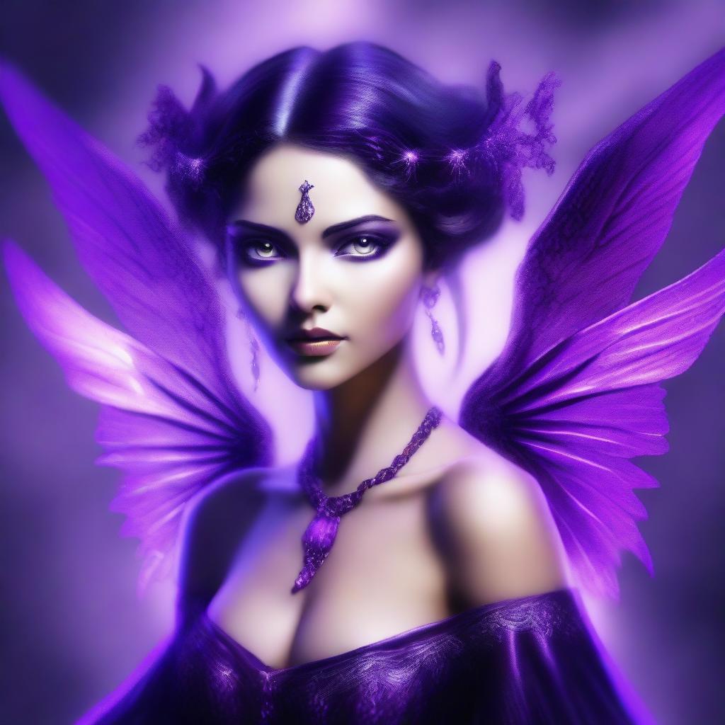 The image is a stunning digital art depiction of an evil fairy mage, adorned with purple highlights